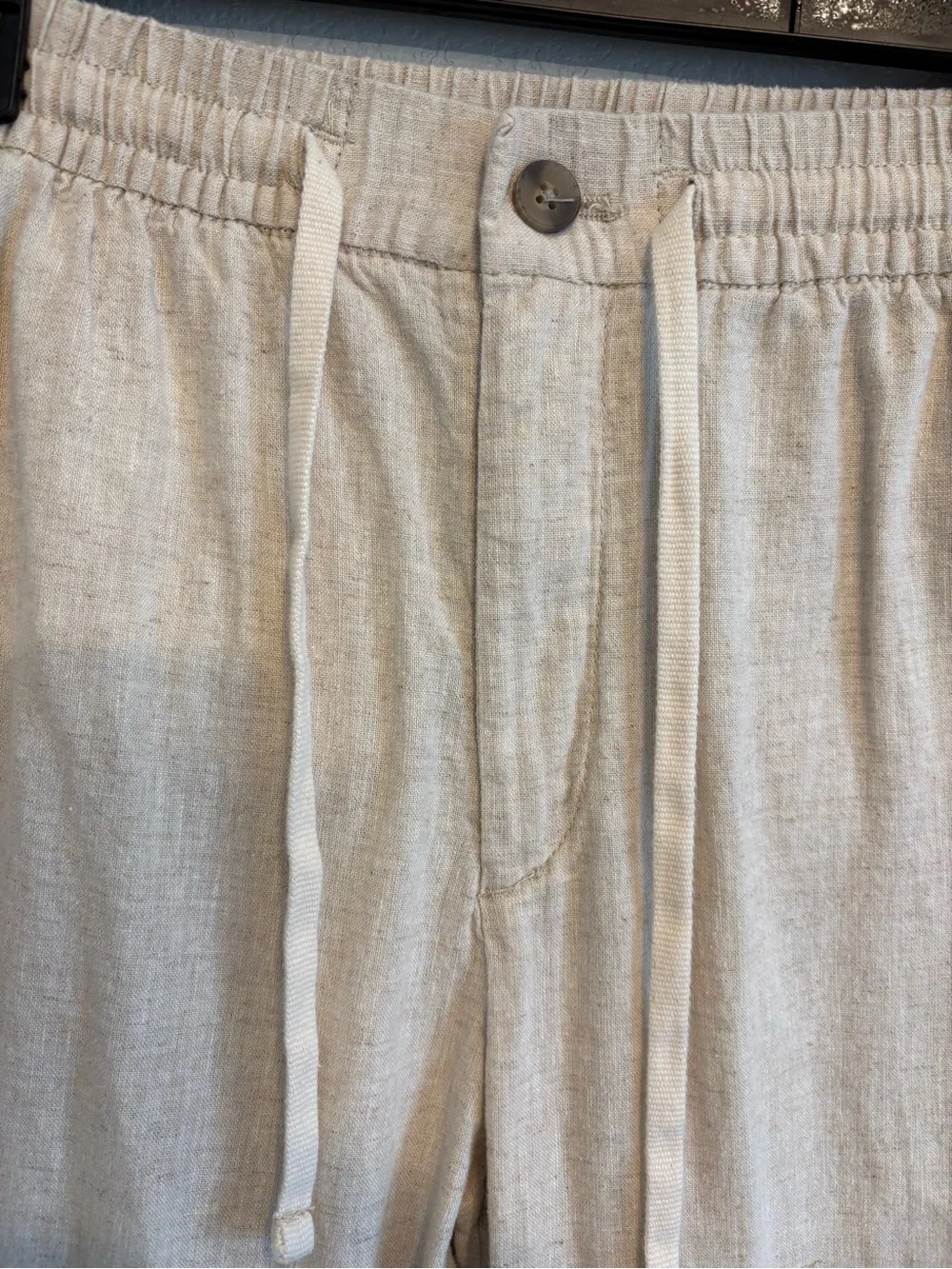 H&M Linen Blend Drawstring Pants XS Beige Oatmeal Pull On Tapered Casual